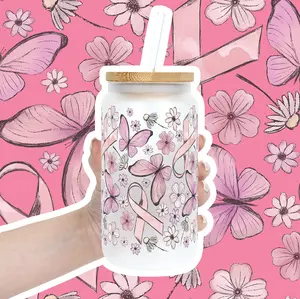 Pink Ribbon Breast Cancer Awareness 40oz Glass Tumbler with Lid and Straw, Iced Coffee Drinkware, Gift for Her, Acrylic Tumbler, water bottle for women, iced coffee cup, Water Bottle Bags, Reusable, Mug, Insulated Water Bottle, Portable