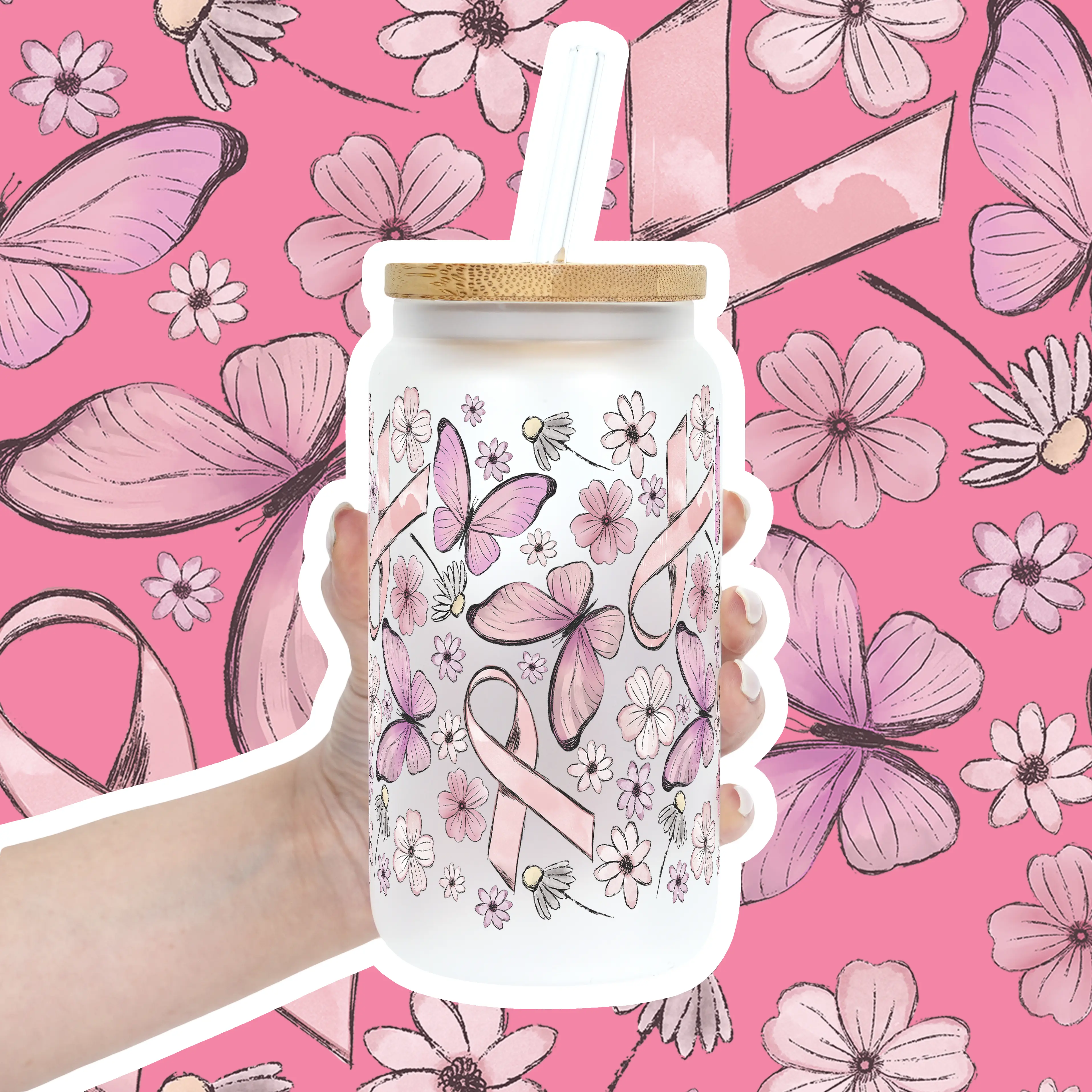 Pink Ribbon Breast Cancer Awareness 40oz Glass Tumbler with Lid and Straw, Iced Coffee Drinkware, Gift for Her, Acrylic Tumbler, water bottle for women, iced coffee cup, Water Bottle Bags, Reusable, Mug, Insulated Water Bottle, Portable
