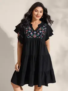 【Summer Turn-Up】Bloomchic Black Embroidered V-Neck A-Line Ruffled Knee-Length Dress with Floral Patterns & Short Ruffle Sleeves for Summer Casual Bohemian Fit parijan outfits 2026 Summer Pick for Mother's Day
