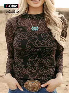 T CHIC Women's Western Cowboy Daily Commuter Casual Fit Letter Print Long Sleeve Lightweight Mesh Round Neck Shirt