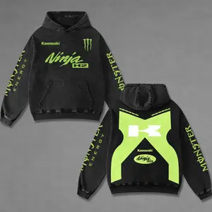 Retro Monter Energy Kawasaki Ninja H2 Racing Washed Hoodie, Motor GP Of The Americas Sportbike Graphic Merch, Acid Washed Streetwear Clothing, Unisex Dirt Bike Racing Hoodie, Vintage Motorsport Hoodie, Speed Culture Men's Wear, Designed for Biker