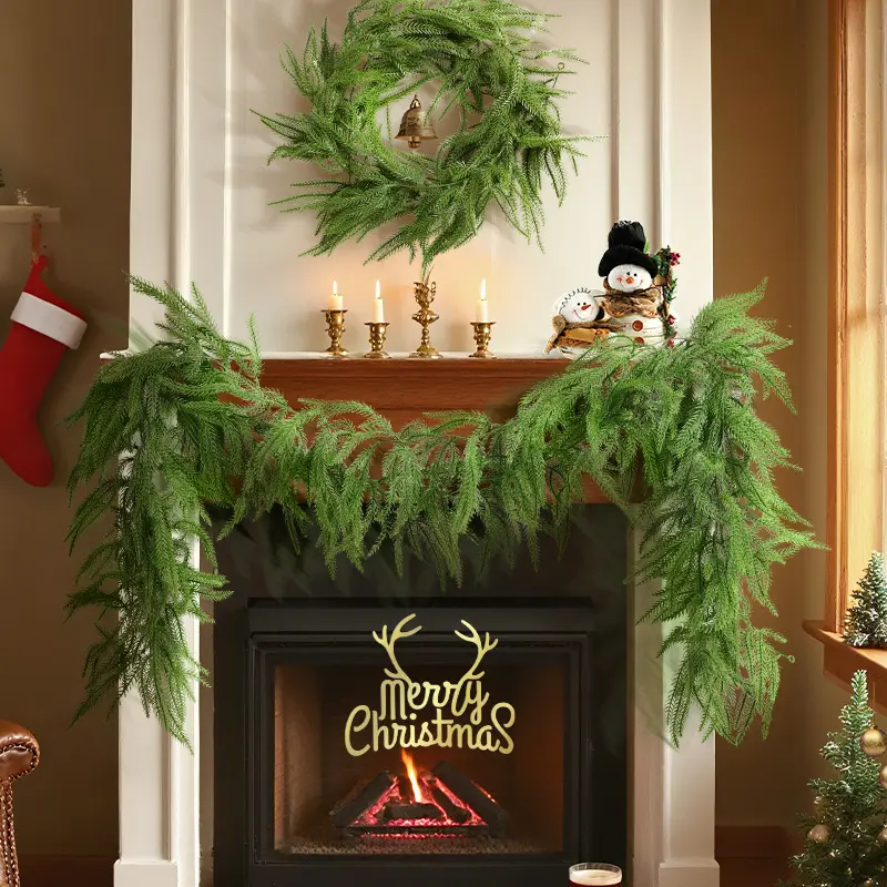 2 Pcs 6FT Norfolk Pine Garlands, Real   Winter Pine Christmas Garland, Artificial Greenery Garland for Mantle, Wall, Indoor, Outdoor Christmas Decorations Porch Decor