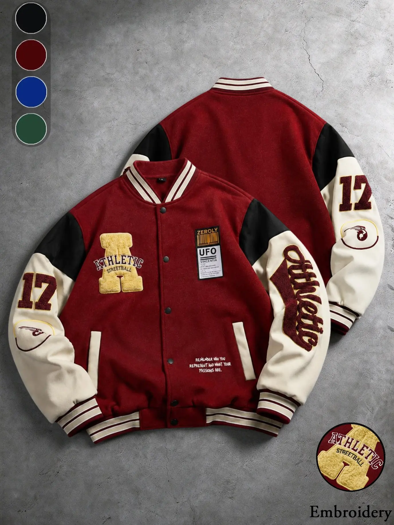 Men's Embroidered Varsity Jacket, Color Block Sleeve Baseball Bomber Coat, Snap Button Vintage Streetwear Outerwear, Casual Letterman Jacket with Side Pockets, for Daily Hip Hop College Party Outdoor Fashion Wear