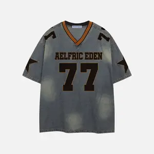 Aelfric Eden Men's Oversized V-Neck Cotton Denim Tee - Short Sleeve, 77 Number Star Print, Retro Washed, Street Style Vibe Vintage Streetwear Top