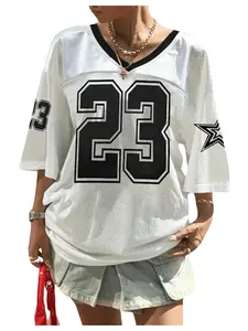 MNLYBABY Oversized Jersey Women V Neck Tshirt Number Graphic Tee Y2k Streetwear Short Sleeve Top