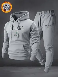 Men's French Milan Letter Print Hoodie and Drawstring Sweatpants Set, Comfortable Fall Winter Casual Sport Long Sleeve Top and Pants Sweat Suit Tracksuit Set