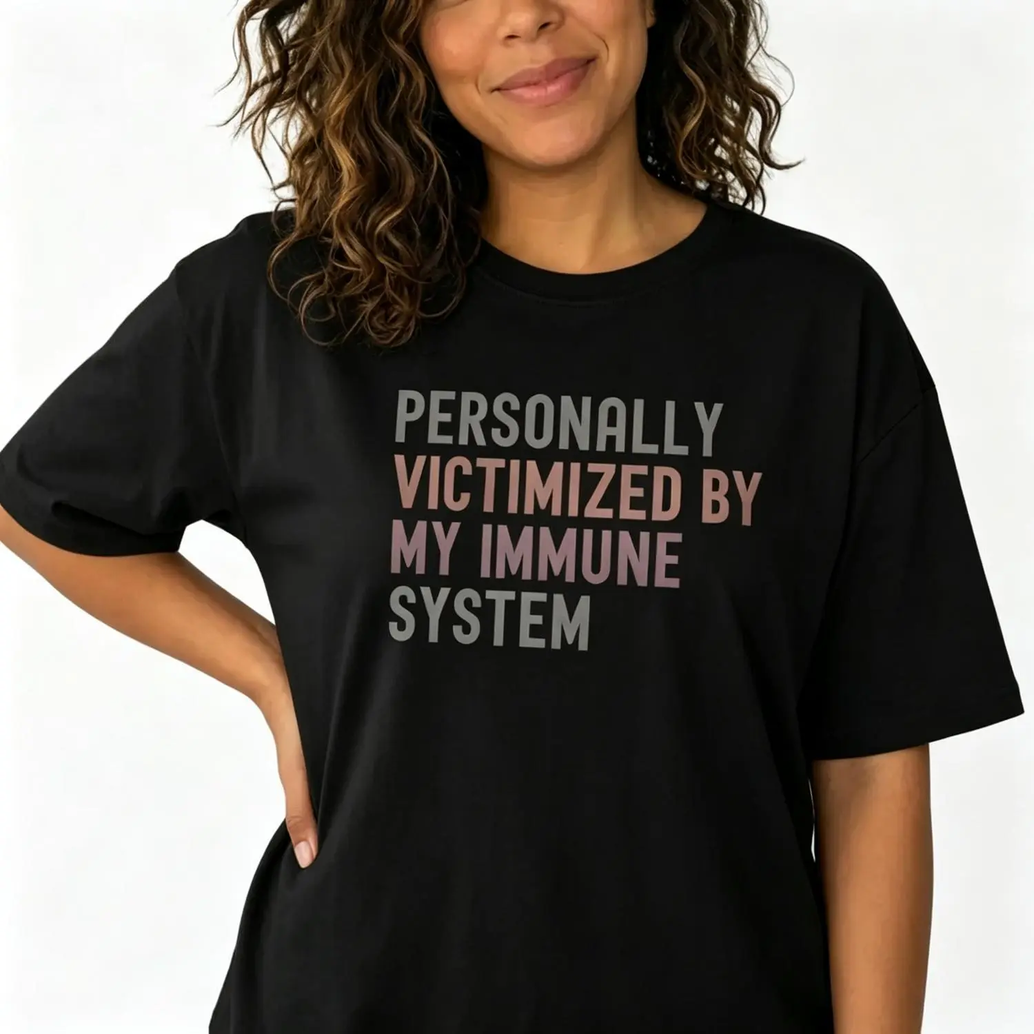 Women's Cotton Short-Sleeve Round Neck Casual Streetwear Top - Funny Autoimmune "Personally Victimized By My Immune System" Graphic Tee, Shortsleeve, Tshirt