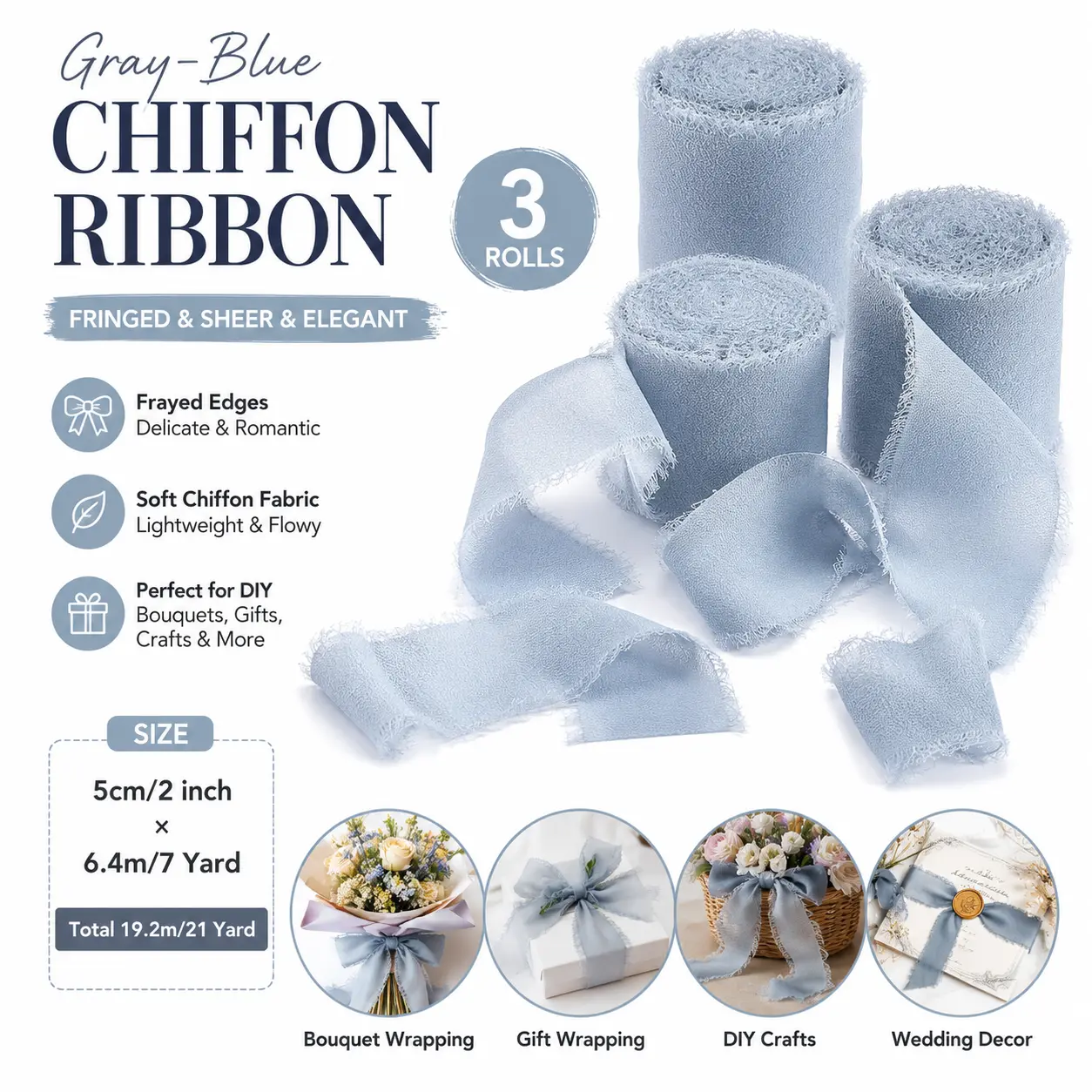 3 Rolls Soft Sheer Texture Chiffon Ribbon - 5cm×6.4m per Roll, 19.2m Total, Gray-Blue Natural Fray Edge Decorative Ribbon for Bouquet Wrapping, Gift Wrapping, DIY Crafts (Dusty Blue)