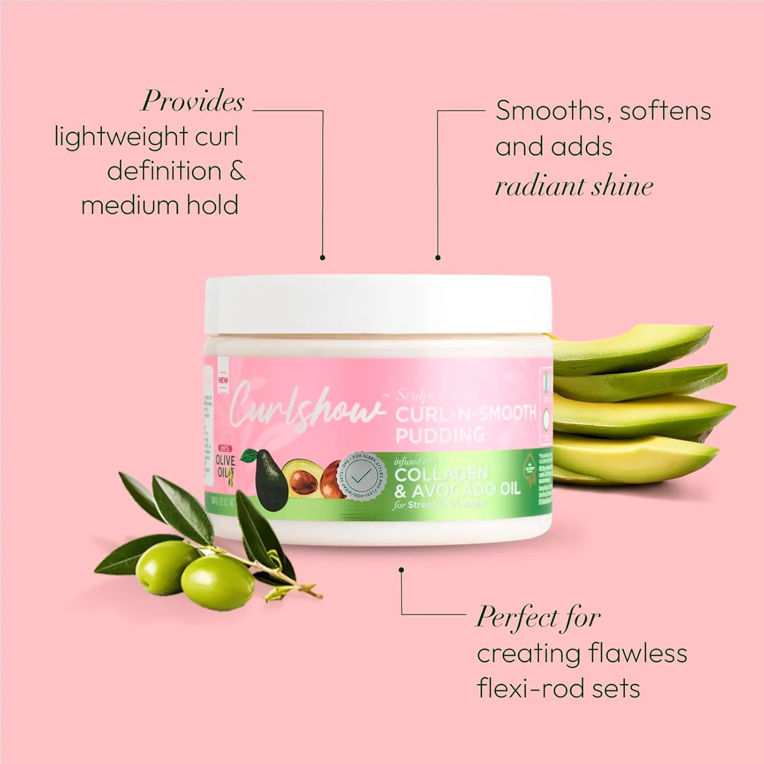 ORS Olive Oil Curlshow Curl N Smooth Haircare Cream - Lightweight Pudding Infused with Collagen, Avocado Oil for Strength, Length, Moisture - Unisex (12.0 oz), Defined Curls, Bouncy Curls