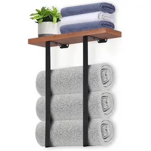 Wall-Mounted Metal Towel Rack w/Wooden Shelf - Space-Saving Organizer for RV/Small Bathrooms, Holds Rolled/Hand Towels (Black)