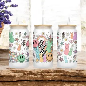 Retro Easter Cup - Colorful Design with Bunny and Easter Theme, Ideal for Drinkware and Mug Use Glass Reusable Straw Tumbler glass cup