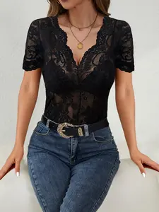 Elegant Chic Lace Short Sleeve Women Top, V-Neck Slim Fit Design, Full Lace Transparent Patchwork, Perfect for Night Out & Date Nights