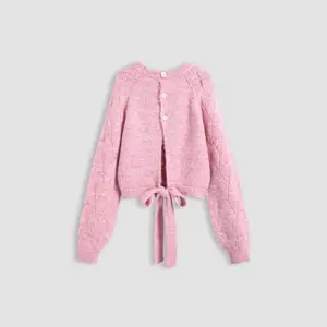 Cider [size 2-10] Knit Round Neckline Hollow Out Rhombus Knotted Long Sleeve Top