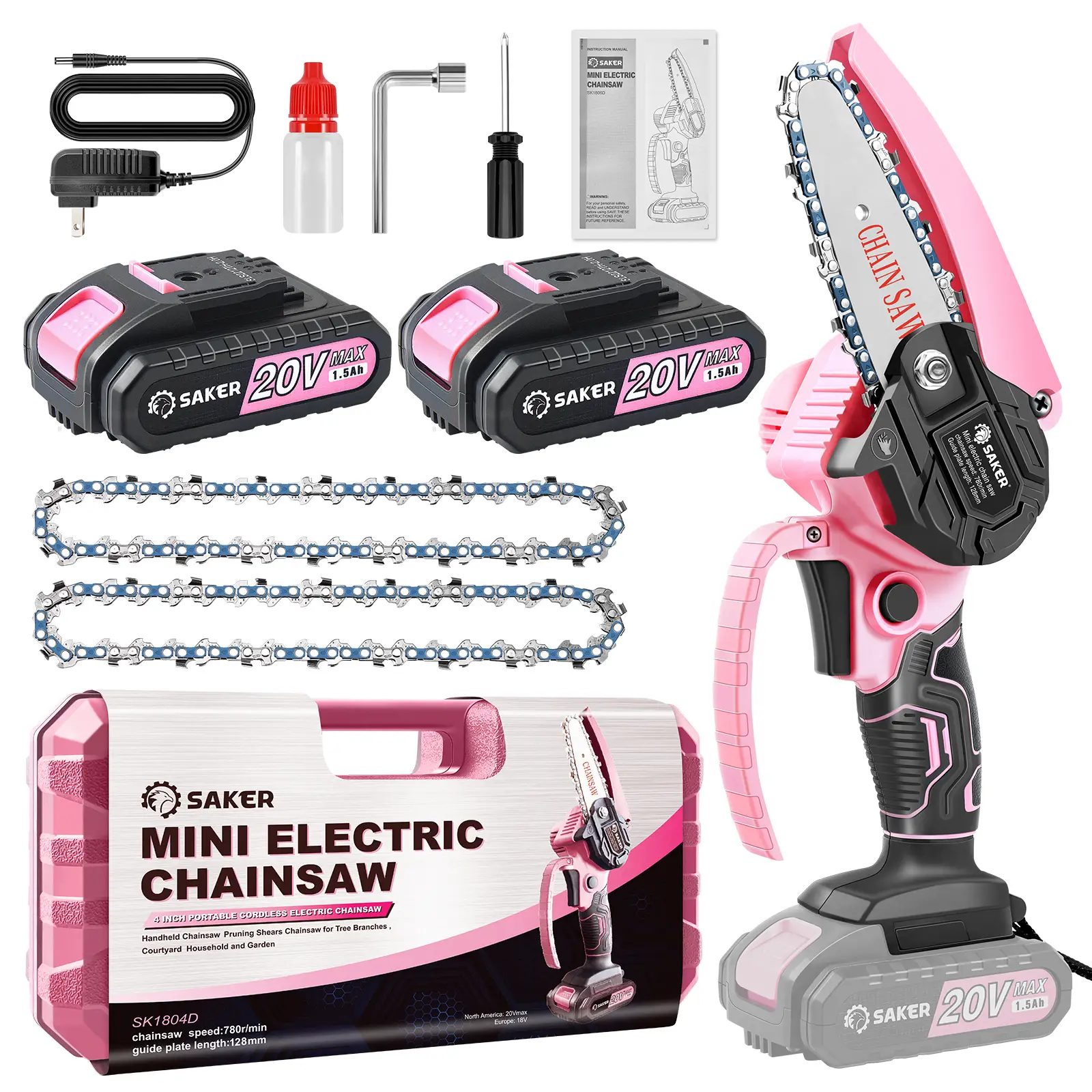 Saker Mini Chainsaw - Portable Electric Pink Handheld Chainsaw for Trees, Yards, Homes and Gardens