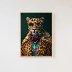 Maximalist eclectic stylish leopard art print | Bold animal portrait, dapper gentleman poster, leopard in sunglasses, altered animal fashion