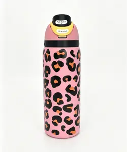 Owala 32oz Pink Leopard Printed Stainless Steel Insulated Leak-Proof Water Bottle - Stylish Wide-Mouth Portable Drinkware for School & Travel - Kitchenware Vacuum Flask