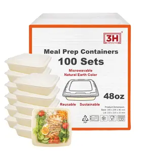 48 oz Meal Prep Containers with Lids (100 Sets, 200 Pics), Natural Beige, Square