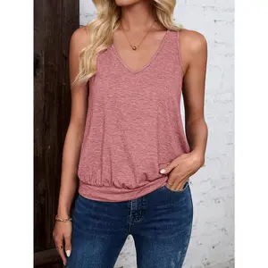 Women's Casual V-Neck Sleeveless Knit Tank Top - 95% Polyester, 5% Elastane Fabric, Solid Color Summer Shirt