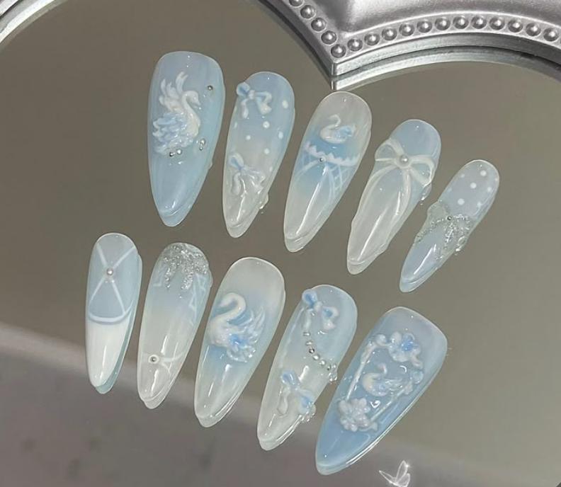 Blue Swan Press On Nails Long Stiletto/3D Bow & Ballet Swan Nails/Pearl Pastel Accent/Kawaii Elegant Handmade Nail Set Damontaerichmondnails