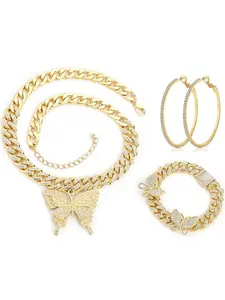 3 Pieces Butterfly Cuban Jewelry Set With Gift Box, Cuban Link Chain Necklace For Women, Rhinestone Butterfly Pendant Necklace, Rhinestone Butterfly Bracelet, Large Hoop Earrings, Bling Earrings