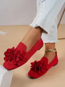 Floral Decorated Flat Shoes, Knitted Mesh Material, 3D Flower Design, Low-Cut, Slip On, Spring Casual Wear, Light Gatherings, Dates