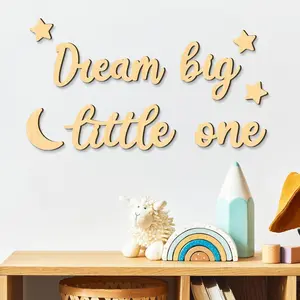 Wooden Wall Decor Set for Room, Dream Big Little One Moon Star Design, Baby Nursery Hanging Ornaments, Ca Prop 65 Compliant