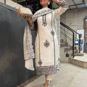 Gorgess Thread Work Dress Readymade - Elegant Cream with Black Embroidery and Lace Details