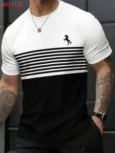 Men's Plus Size Round Neck Short Sleeve T-Shirt, Colorblock Striped Horse Print, Casual Summer Top, Loose-Fitting, All over Print