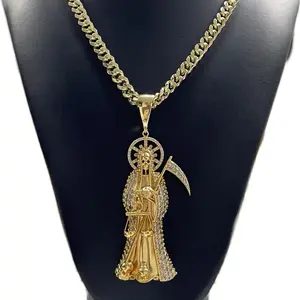 Cuba Link Necklace with Santa Muerte Pendant Gold Tone Hip Hop Jewelry for Men and Women