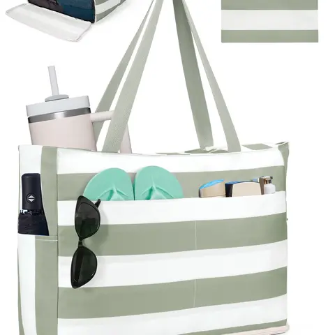 Beach Bags for Women, Large Waterproof Sandproof Beach Tote Bag with Zipper Family Pool Bags with 40oz Tumbler Pocket, Swim Cruise Vacation Essentials  | 40oz Tumbler Pocket Lightweight Tote Bag Pastel Canvas Tote