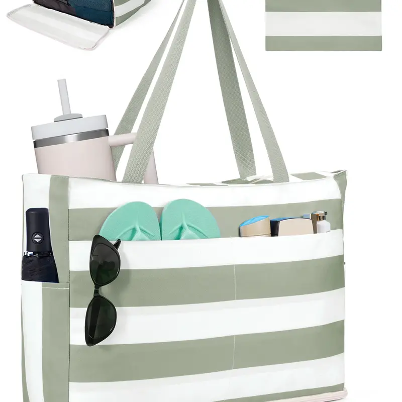 Beach Bags for Women, Large Waterproof Sandproof Beach Tote Bag with Zipper Family Pool Bags with 40oz Tumbler Pocket, Swim Cruise Vacation Essentials | 40oz Tumbler Pocket Lightweight Tote Bag Pastel Canvas Tote