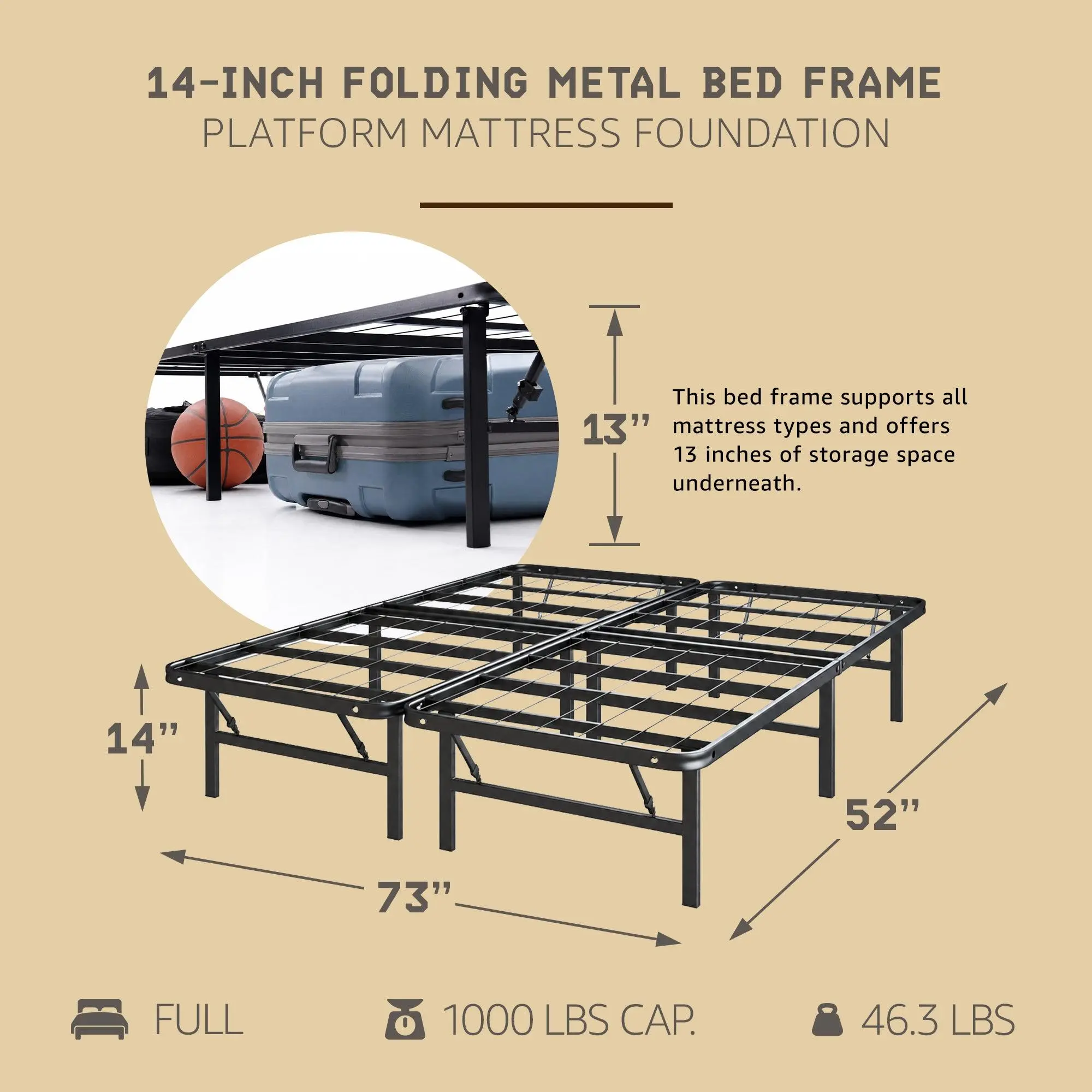 Hercules Folding Metal Bed Frame, 14 Inch Platform Mattress Foundation, Full