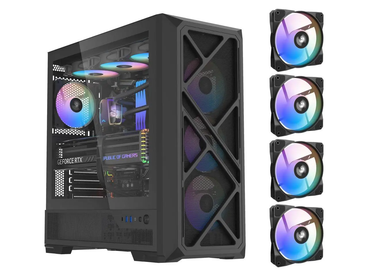 SAMA S41 High Airflow ATX PC Case, Supports 12 Fans, 4 x ARGB Fans + PWM/ARGB Hub Included, USB 3.2 Gen2x2 Type-C, 360mm Radiator, 427mm GPU, Tempered Glass Gaming Case  Black