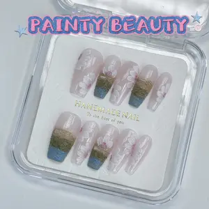 【A29】Long almond shape french style Water Ripples 3d Stereo flowers handmade press on nails