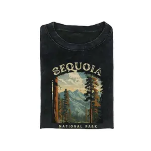 Women's Vintage Redwood National Park Pattern Print Washed T-Shirt - Crew Neck, Short Sleeve, Soft Fabric, Loose Street Style, All-Season Casual, Machine Washable, Aesthetic Piece for Beach Day, Perfect Gift for Outdoor Enthusiasts (Pair with Jeans)