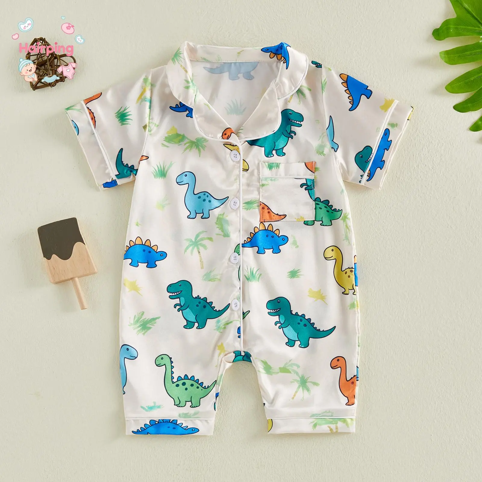 Baby Boy Dinosaur Satin Romper - Baby Clothing, Short Sleeve Buttondown Ease Onesie, Gentle for Sleep Summer Sleepwear, Loungewear Ready Soft Breathable Cartoon Dino Print Infant Outfit