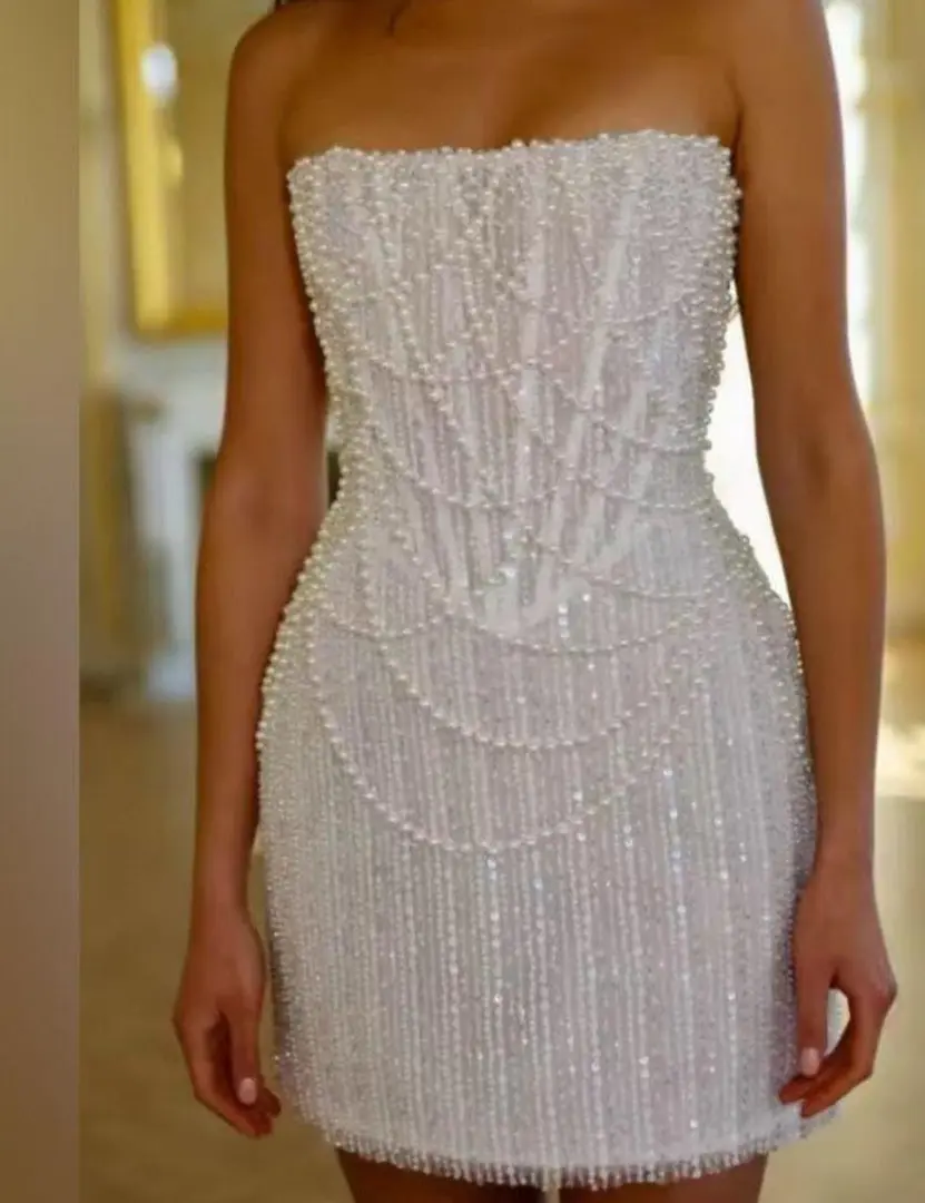 NEW $699 Old Hollywood in short Elegant White Strapless Beaded Dress
