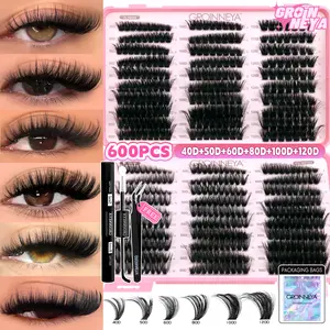 GROINNEYA 40-120D Mixed Length Eyelash Book,600pcs DIY Eyelash Extension Versatile Fashion Fake Lashes Cluster Natural Thick Segmented Eyelash Clusters Luxury Wispy Cluster Lashes with Eyelash Tools for Beginner-friendly Mega Volume Lashes