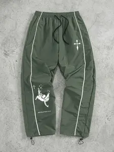 Men's Angel Cross Print Trendy Sporty Pants with Lines, Gym Workout Running Trousers with Side Pockets, Athletic Quick Dry Breathable Sweatpants, Drawstring Elastic Waist, Adjustable Cuffs