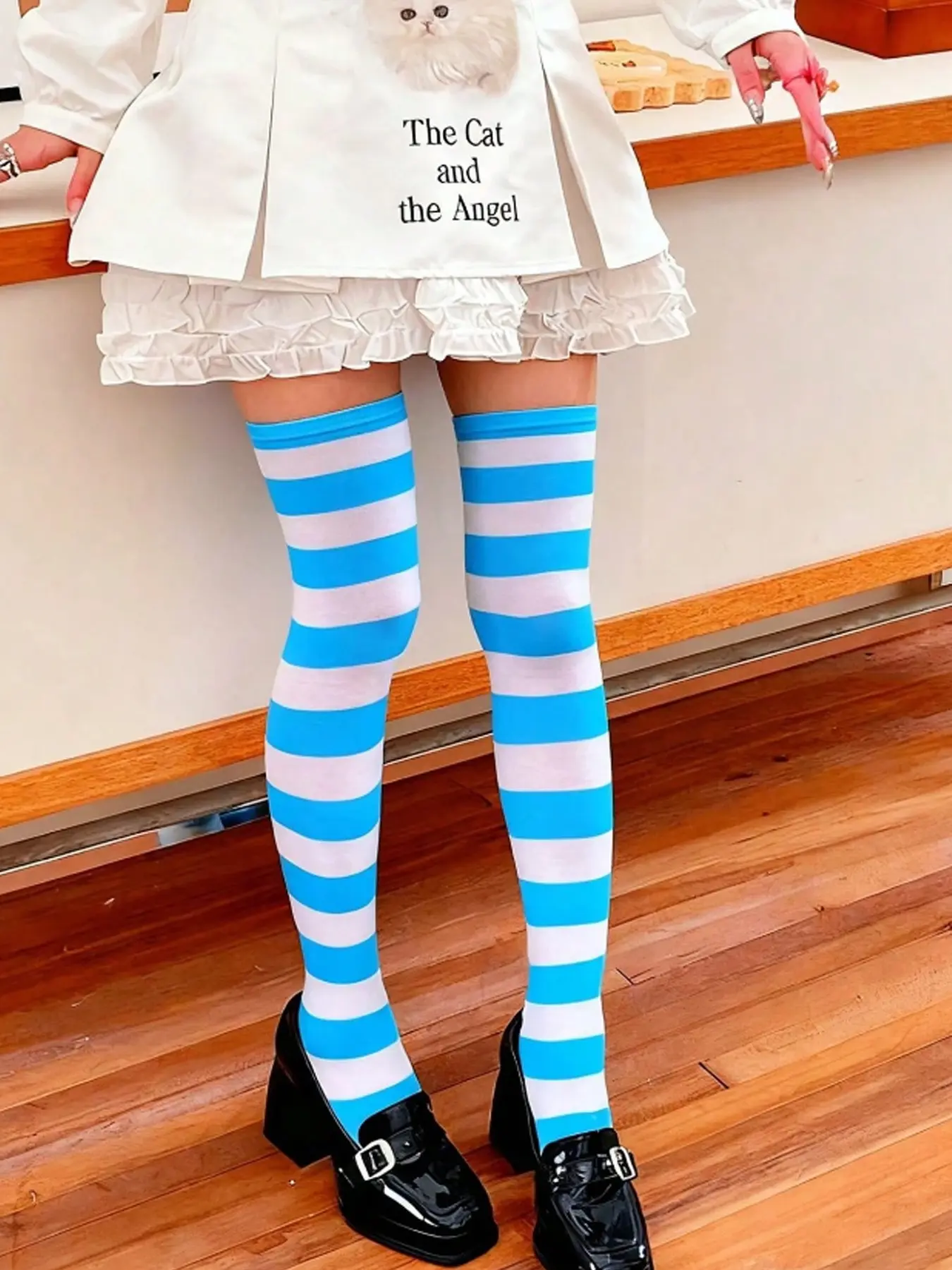 Women's Blue Striped Over-The-Knee Socks, Role Play Casual Wear, Slim-Fitting Colorblock Design, All Seasons Comfort