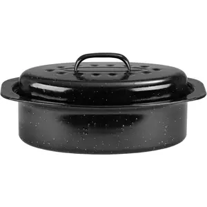 Granite Roaster Pan Small 13” Enameled Roasting Pan with Domed Lid Oval Turkey Roaster Pot Broiler Pan Great for Small Chicken Lamb Dishwasher Safe Cookware Fit for 7Lb Bird