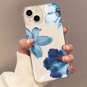 Fashion Elegant Aesthetic Blue Lily Flower Transparent Protective Phone Case Cover for iPhone 16/13 Pro/15 Plus/iPhone 16e/iPhone 15/12 Pro Max/16 Pro