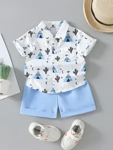 Boy's Summer Set, Refreshing Cactus Style, Casual Set, Two-Piece Set: Short Sleeve Shirt + Shorts, Cactus Geometric Pattern + Solid Color Hemmed Shorts, Perfect for Back-to-School Season, Ideal for Summer Outings, Family Gatherings, and Vacation Wear