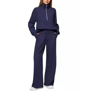 Women’s casual half-zip sporty top and wide-leg pants two-piece set, stylish European and American fashion co-ord set, athletic tracksuit set, comfortable and trendy outfit