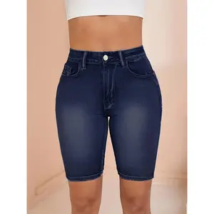 Women's Plus Size Casual Denim Bermuda Shorts, Fashionable High-Waist Stretch Jean Shorts with Pockets, Versatile Summer Outfit