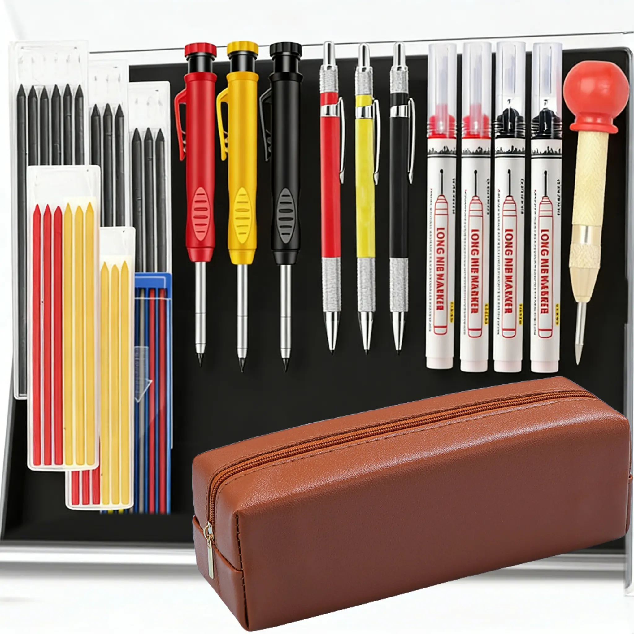 Heavy-Duty Woodworking Color Marker Tool Kit - 3-Piece Carpenter Pencils & Pens Set with Sharpener, Automatic Center Punch, 36 Refills, Deep-Hole Long-Tip Marker, Glass/Metal Marking, Plastic Shell Storage Case, Color Marker Set