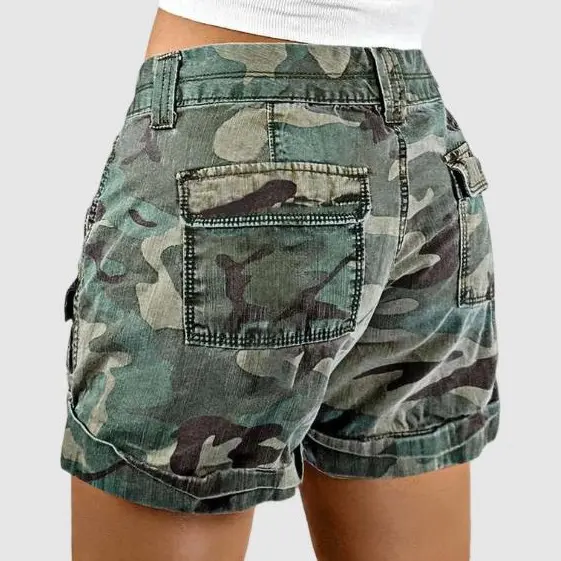 Flamingals Camo Print Roll Hem Flap Pocket Mid Rise Shorts