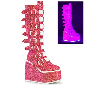 Demonia Women's Swing-815UV Pink Glitter Knee-high Boots