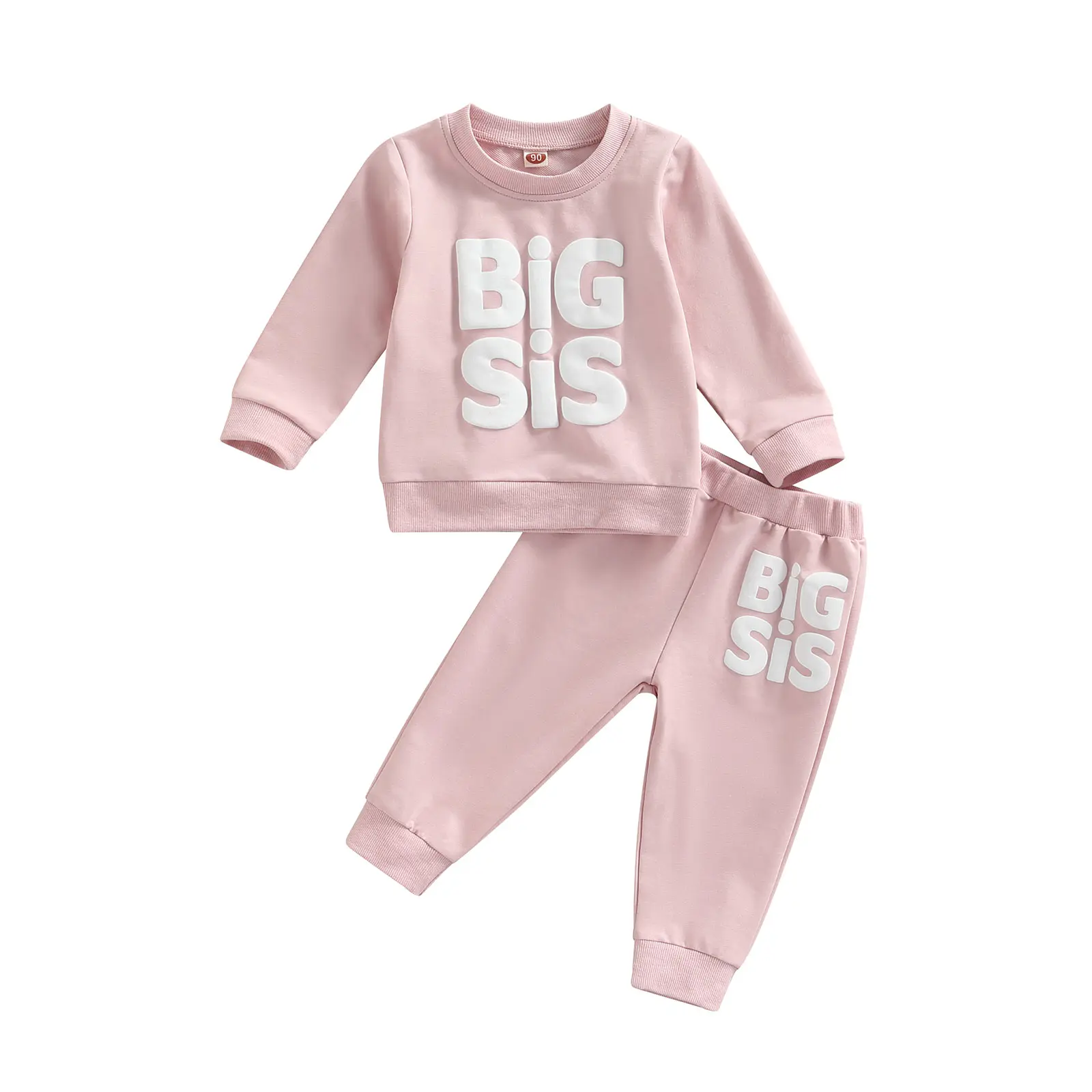 Sisters Matching 2Piece Outfits, Letter Pattern Patchwork Long Sleeve Round Neck Tops + Elastic Waist Loose Fit Trousers