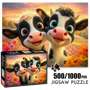 1pc 1000 piece adult puzzle 70x50cm Cute Cartoon Animals Cows in a Flower - Filled Field 500 pieces paper jigsaw puzzle suitable for DIY creative games for adults and families, birthday and holiday stress